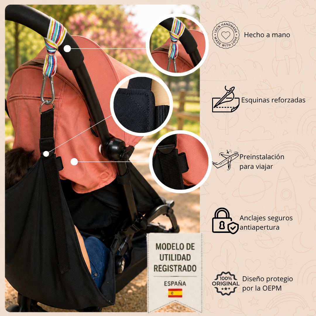 Asiento auxiliar para carrito bebé | Universal stroller toddler seat | Hamaca para viaje | Handmade | Beige Vichy