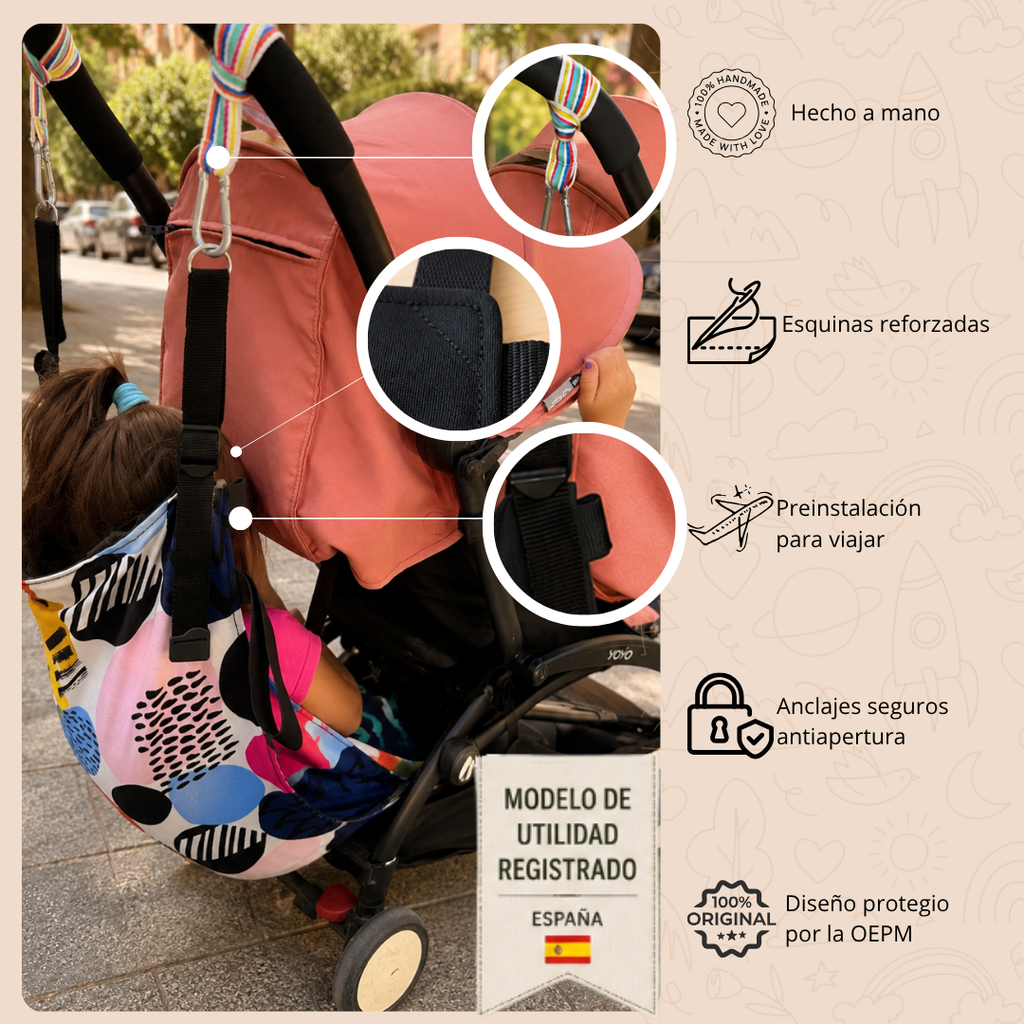 Asiento auxiliar para carrito bebé | Universal stroller toddler seat | Hamaca para viaje | Handmade | Colorfull