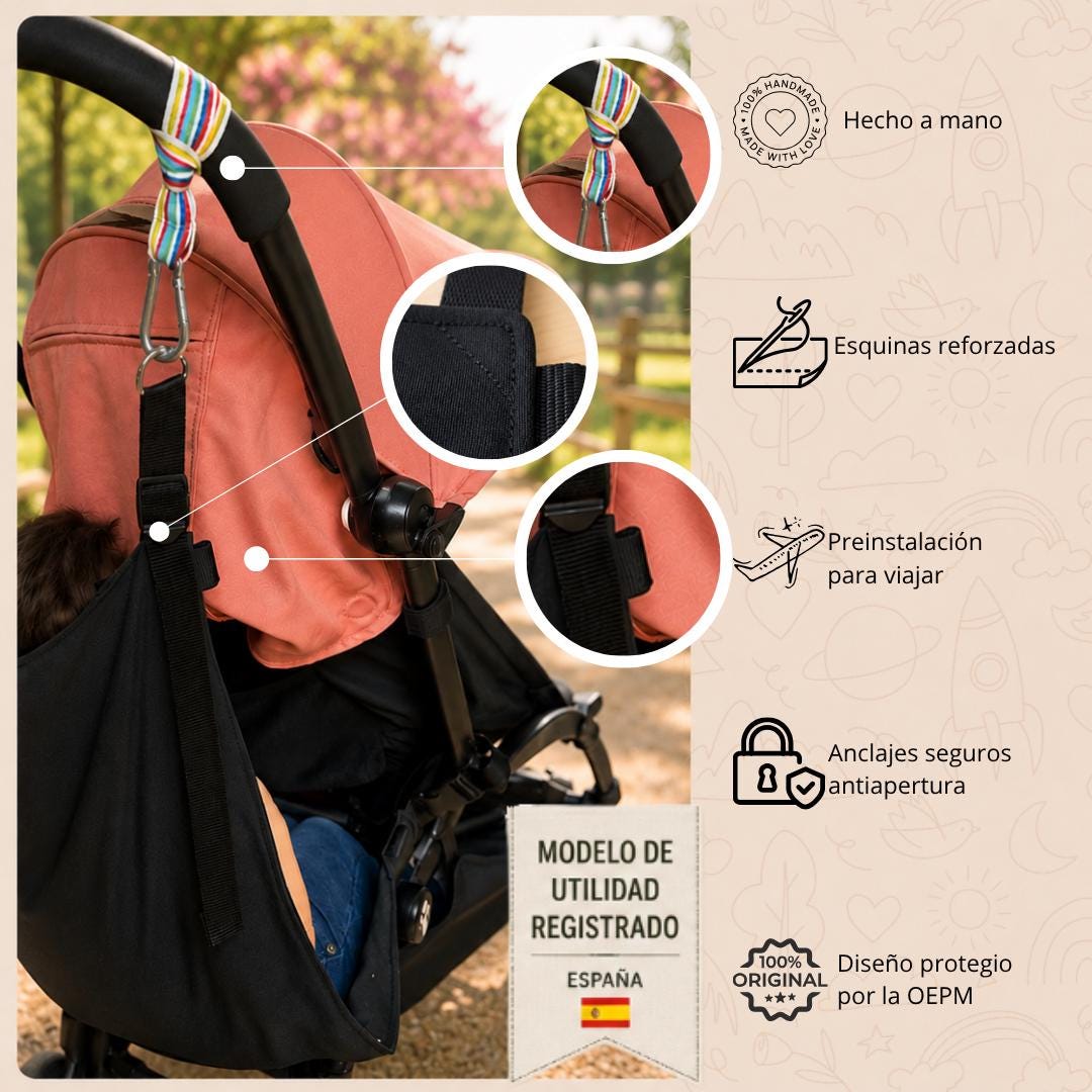 Asiento auxiliar para carrito bebé | Universal stroller toddler seat | Hamaca para viaje | Handmade | Black