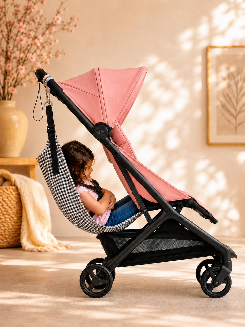 Asiento auxiliar para carrito bebé | Universal stroller toddler seat | Hamaca para viaje | Handmade | Black Vichy