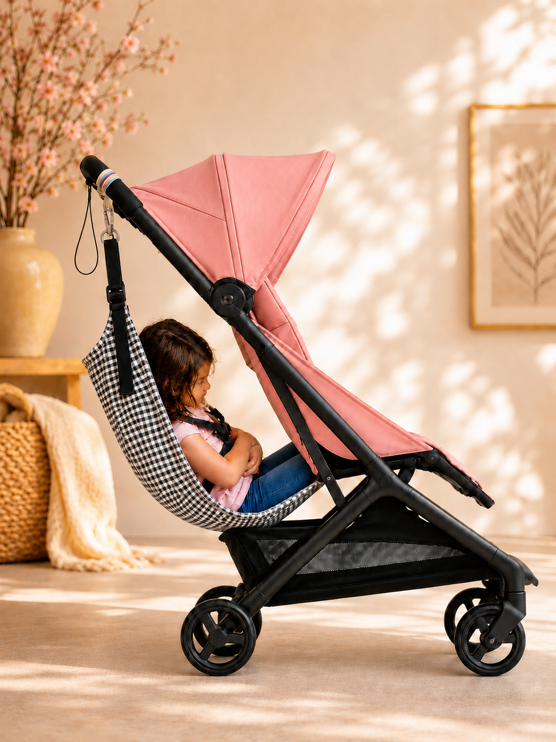 Asiento auxiliar para carrito bebé | Universal stroller toddler seat | Hamaca para viaje | Handmade | Black Vichy