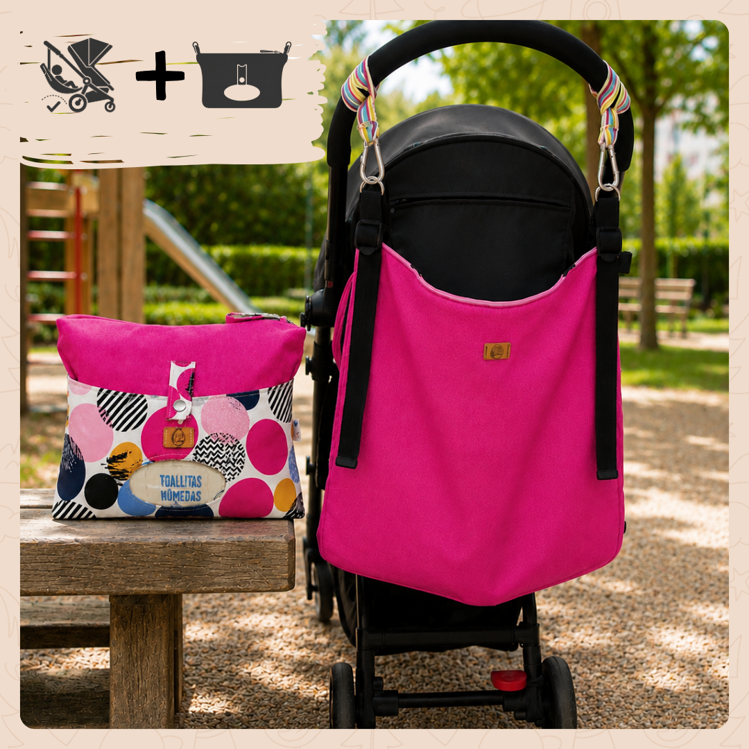 Pack para Carrito de Bebé: Hamaca + Pañalera | Asiento Auxiliar y Bolsa Organizadora | Rosa